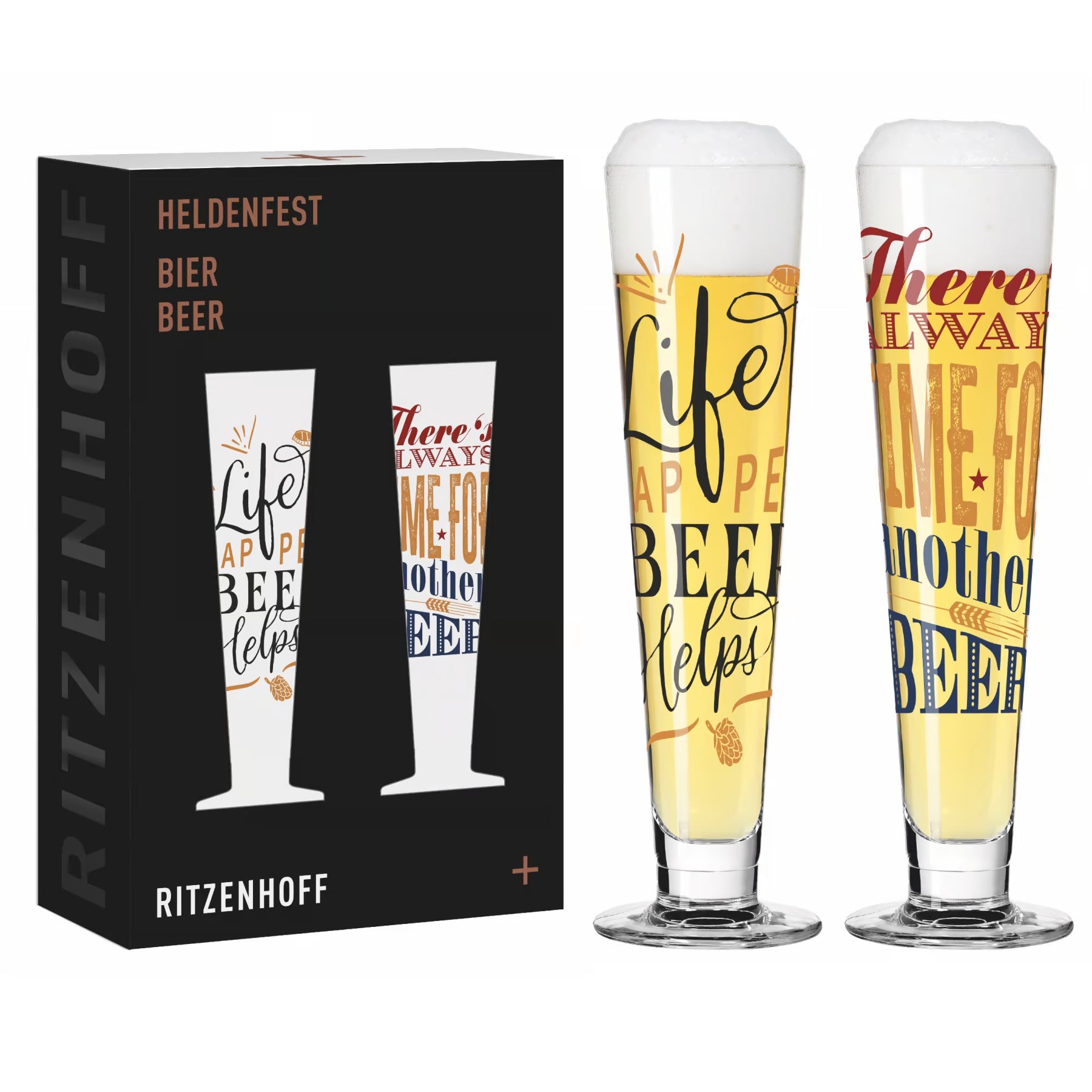 zwei Biergläser mit Schriftzügen und Geschenkkarton