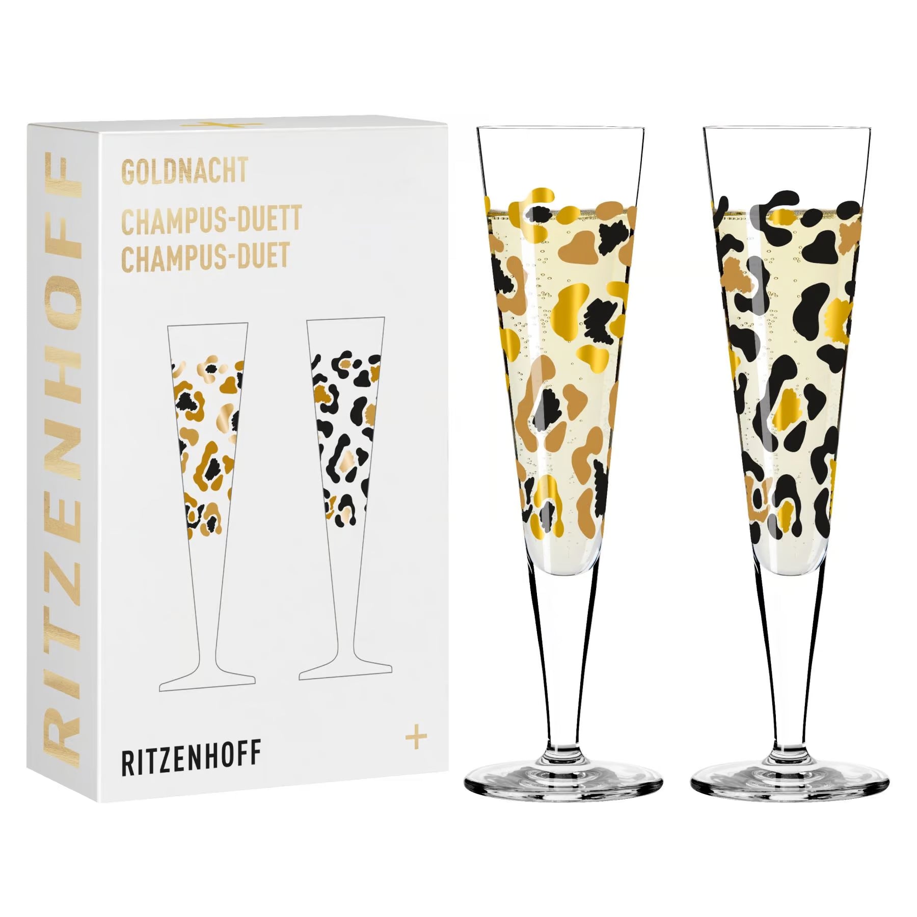 zwei Champagnergläser mit Leopard Motiv und Geschenkkarton