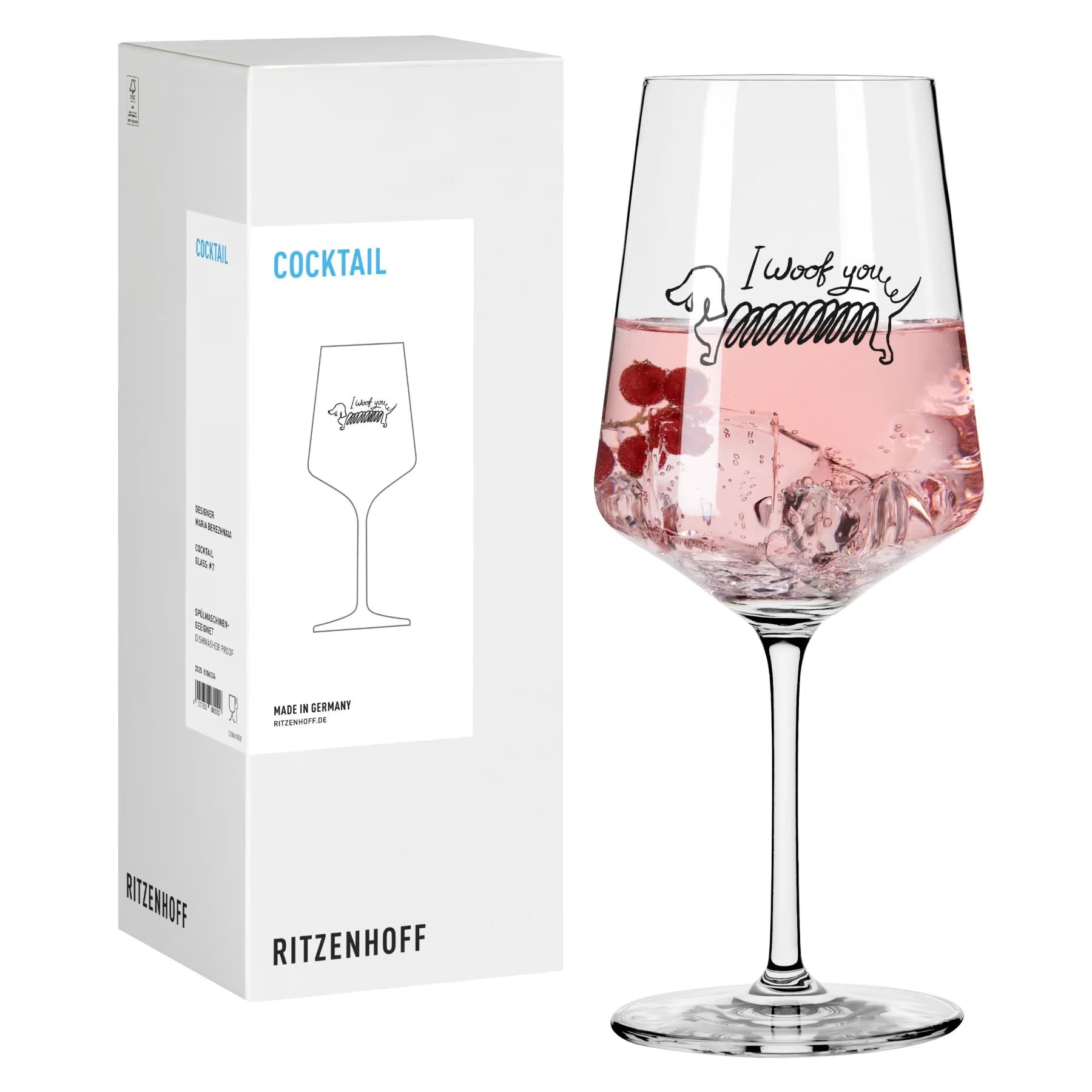 Cocktailglas mit Dackelmotiv I woof you und Geschenkkarton