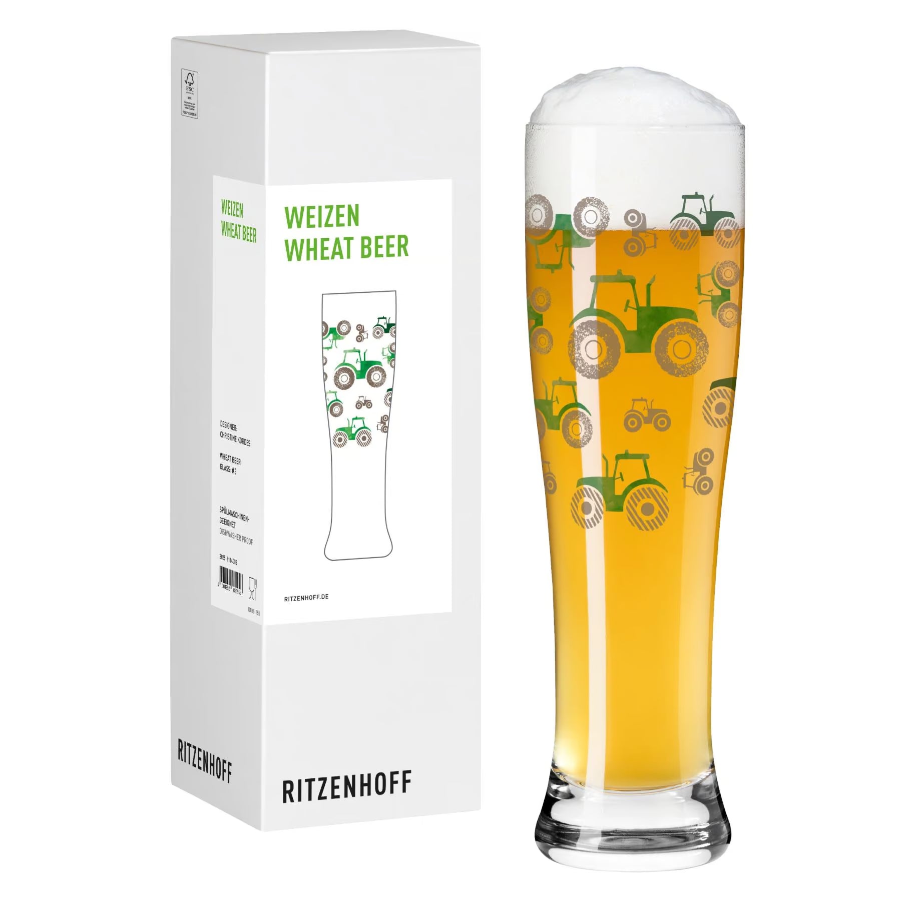 Weizenbierglas mit Traktoren in grün und weißer Geschenkkarton
